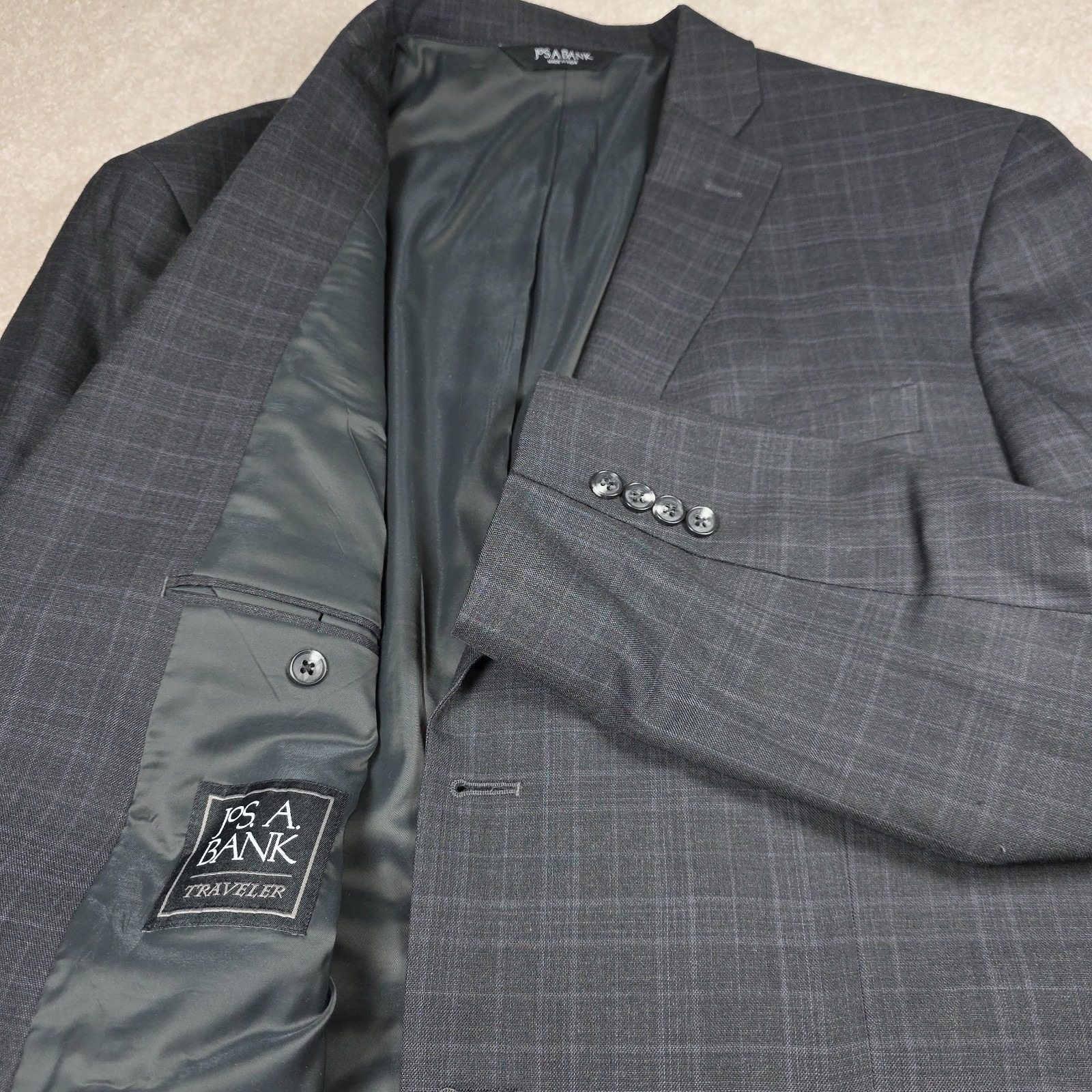 Jos. A. Bank Traveler Blazer Mens 46r Charcoal Grey Glen Plaid Sport Coat